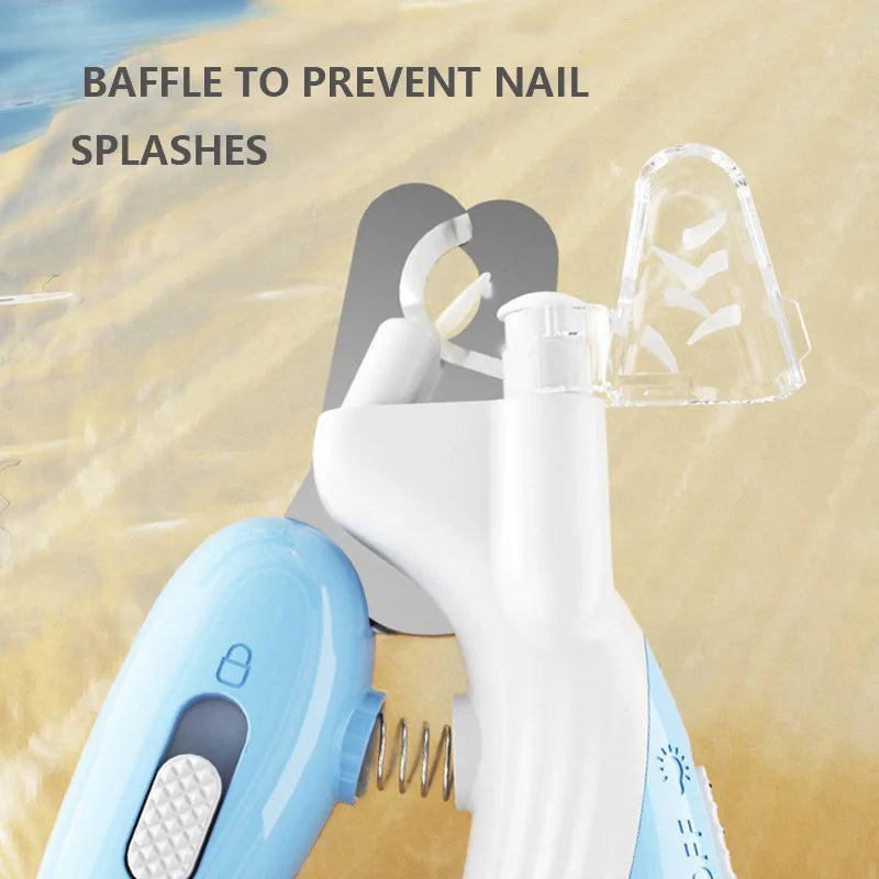 Pet nail trimmer with a baffle to prevent nail splashes on a sandy background