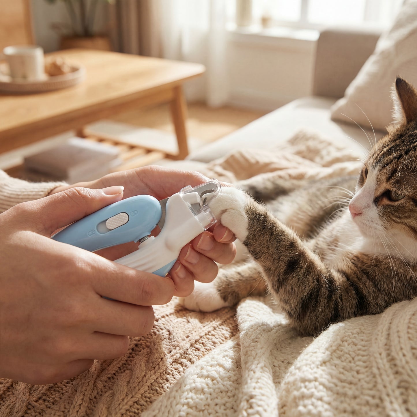 Person trimming a cat's nails with a blue and white tool in a cozy living room.