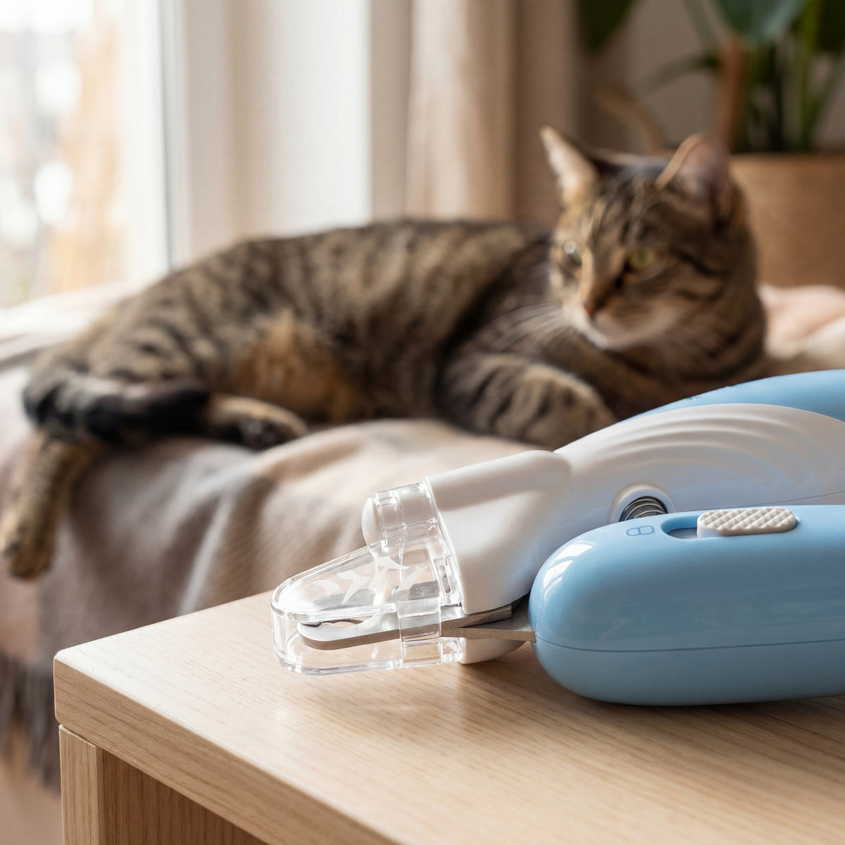 Cat lying on a couch with a pet nail trimmer on a wooden table.