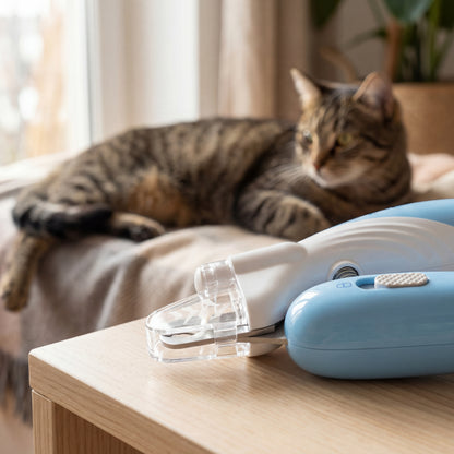 Cat lying on a couch with a pet nail trimmer on a wooden table.