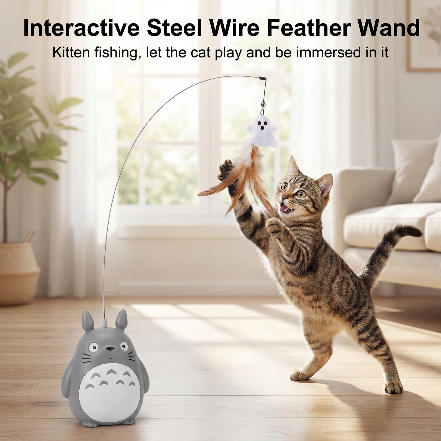 Cat playing with an Interactive Steel Wire Feather Wand toy in a living room.