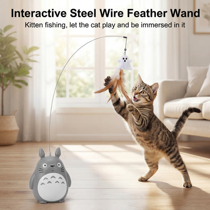 Cat playing with an Interactive Steel Wire Feather Wand toy in a living room.